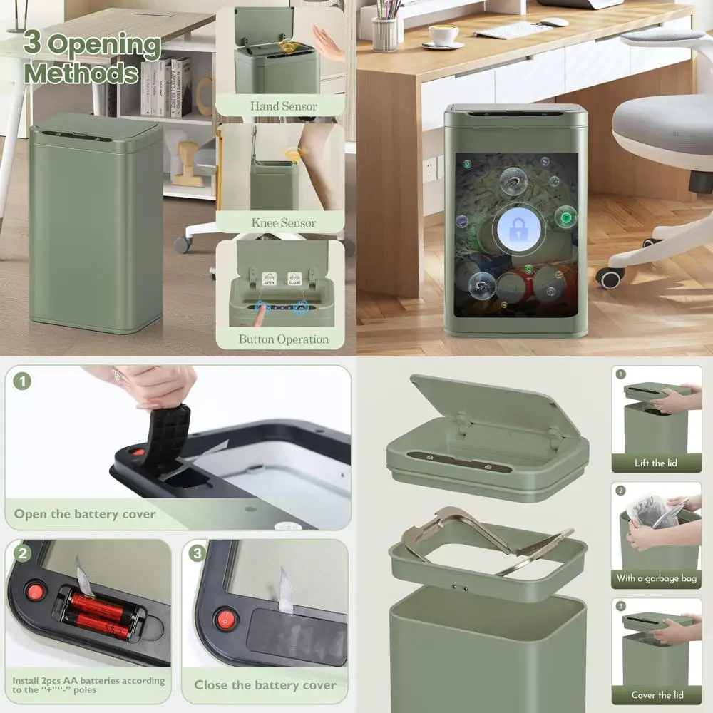 

Мусорный бак с датчиком движения, бесконтактный умный мусорный бак, 6,6 галлонов, зеленый авокадо для кухни, офиса, ванной комнаты