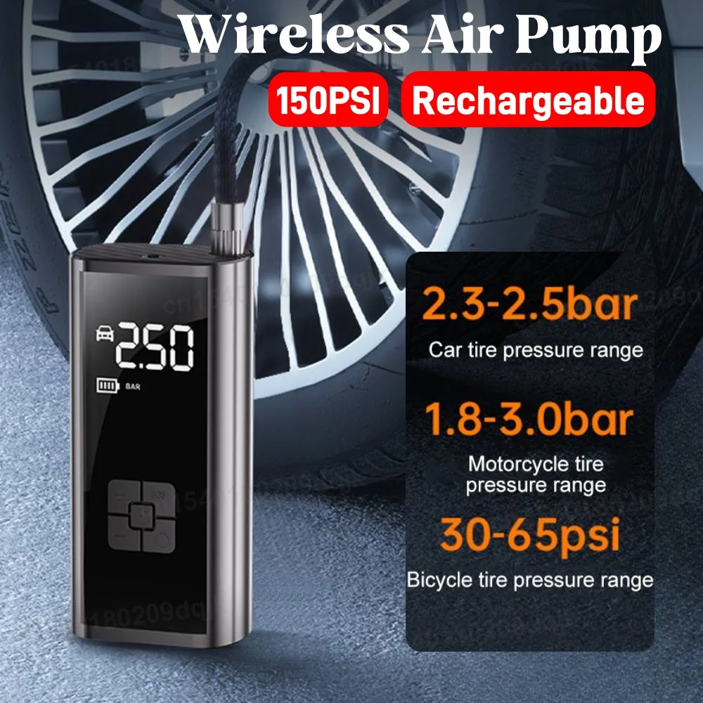 

150PSI беспроводной автомобильный воздушный насос портативный воздушный компрессор для автомобилей, мотоциклов, велосипедный электрический насос для накачивания шин с ЖК-цифровым дисплеем