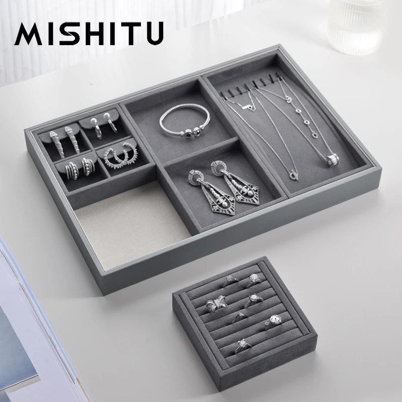 MISHITU Jewelry Organizer Velvet Jewelry Storage Tray Display Ring Bracelet Necklace Storage Box Showcase Drawer Organizer Trays