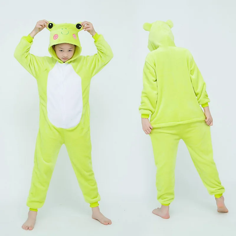 Children Boy Girl Sleep Pajamas Onesie Flannel Kigurumi Animal Anime Family Matching Sleepwear Christmas Adult Green Frog Set