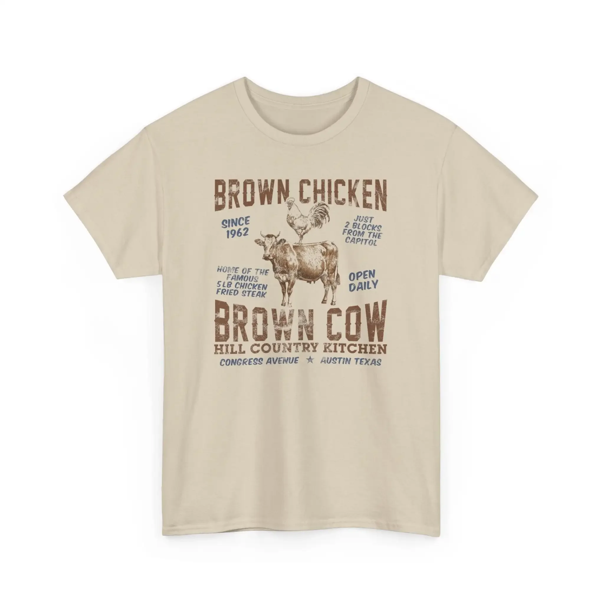 Brown Chicken Cow Austin Tx T Shirt Funny Fried Steak Restaurant Weird Texas Idea