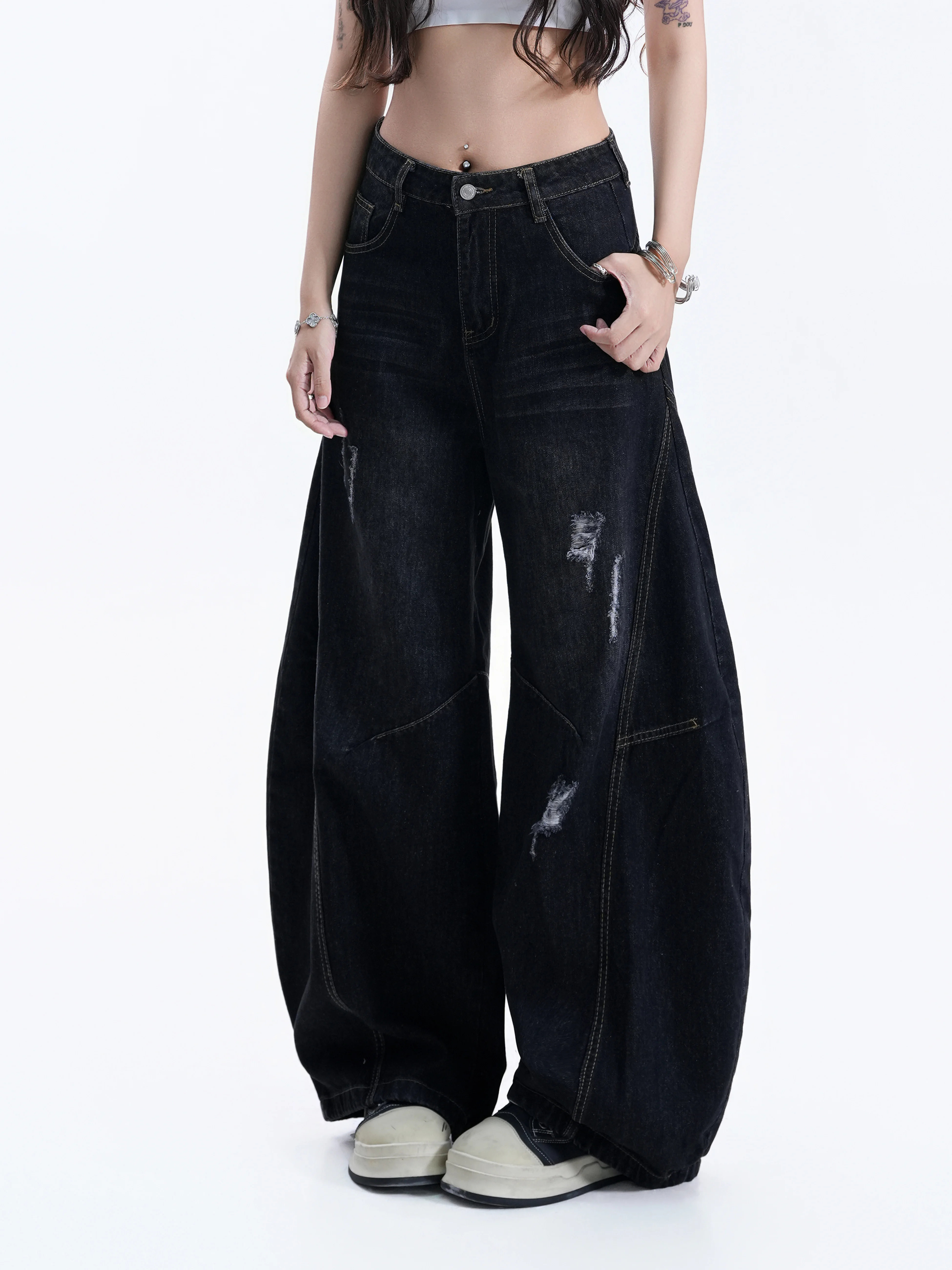 Vintage American Washed Hole Wide Leg Denim Jeans Women's Slimming Couples Match Knife Long Pants Casual Style Natural Waist
