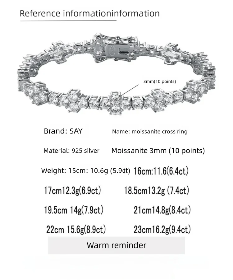 3mm D Color Moissanite Tennis Bracelet 925 Sterling Silver Plated White Gold Bracelet for Women Man Sparkling Party Jewelry