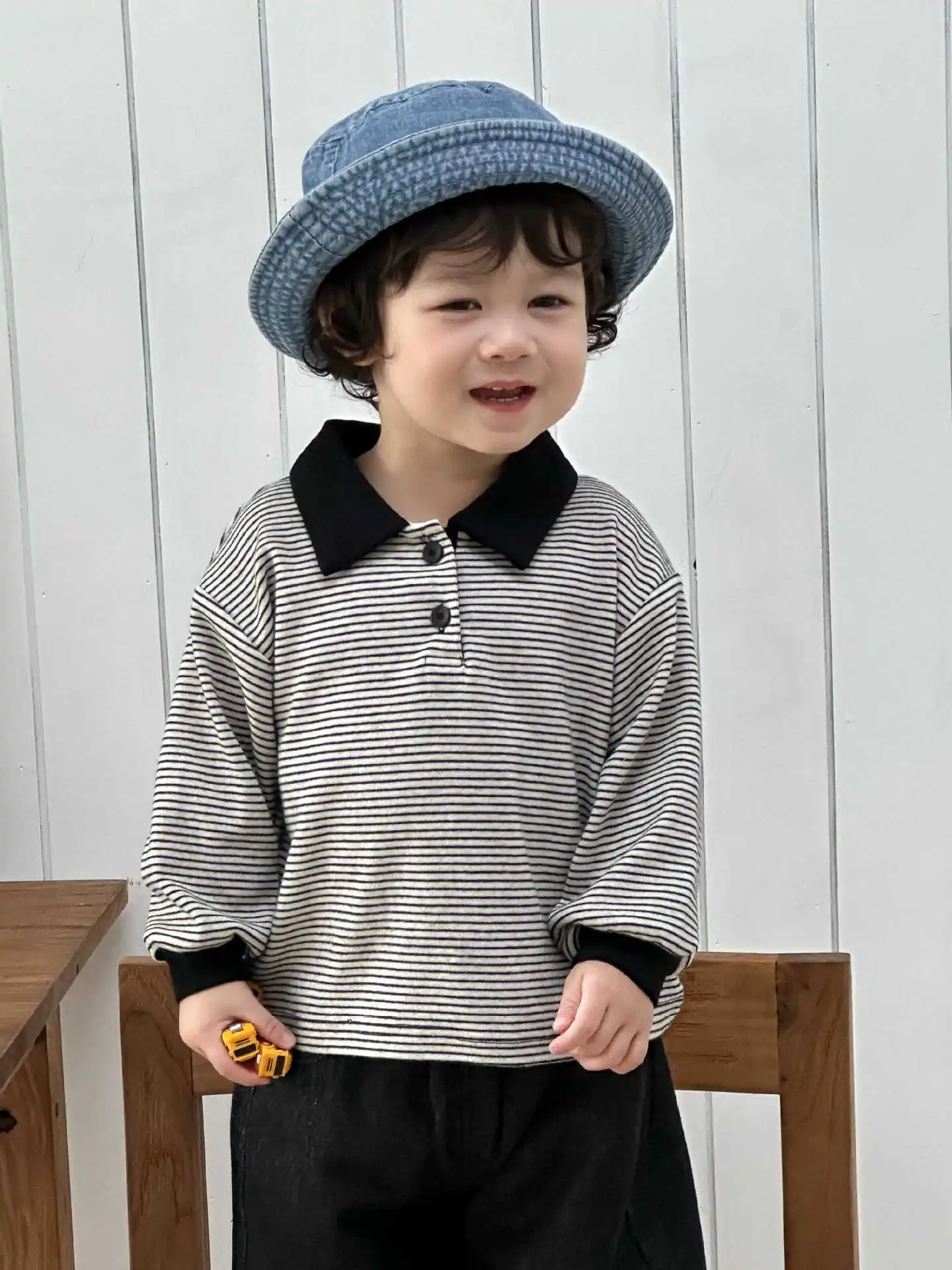 2025 Autumn New Children Casual Striped Sweatshirt Boys Girls Long Sleeve Polo Shirts Baby Cotton Pullover Kids Lapel Tops