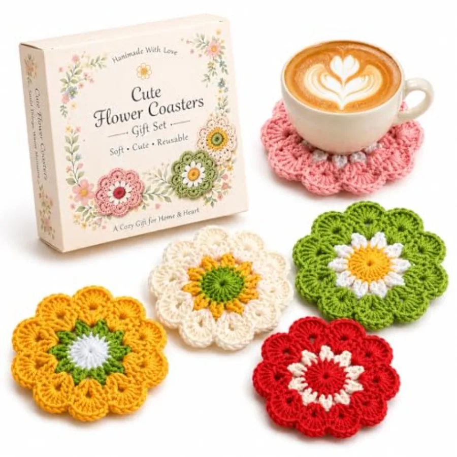 Coasters for Drinks Set of 5, Cute Flower Crochet Drink Coasters for Coffee Table and Desk, Absorbent Coaster Set for Coffee Mu