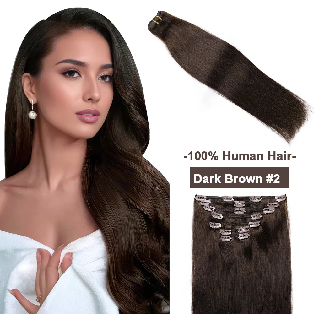 

Straight Clip In Hair Extensions 100% Human Hair Seamless Invisible Dark Brown #2 Clip In Hair 18-24 Inch For Women Full Head