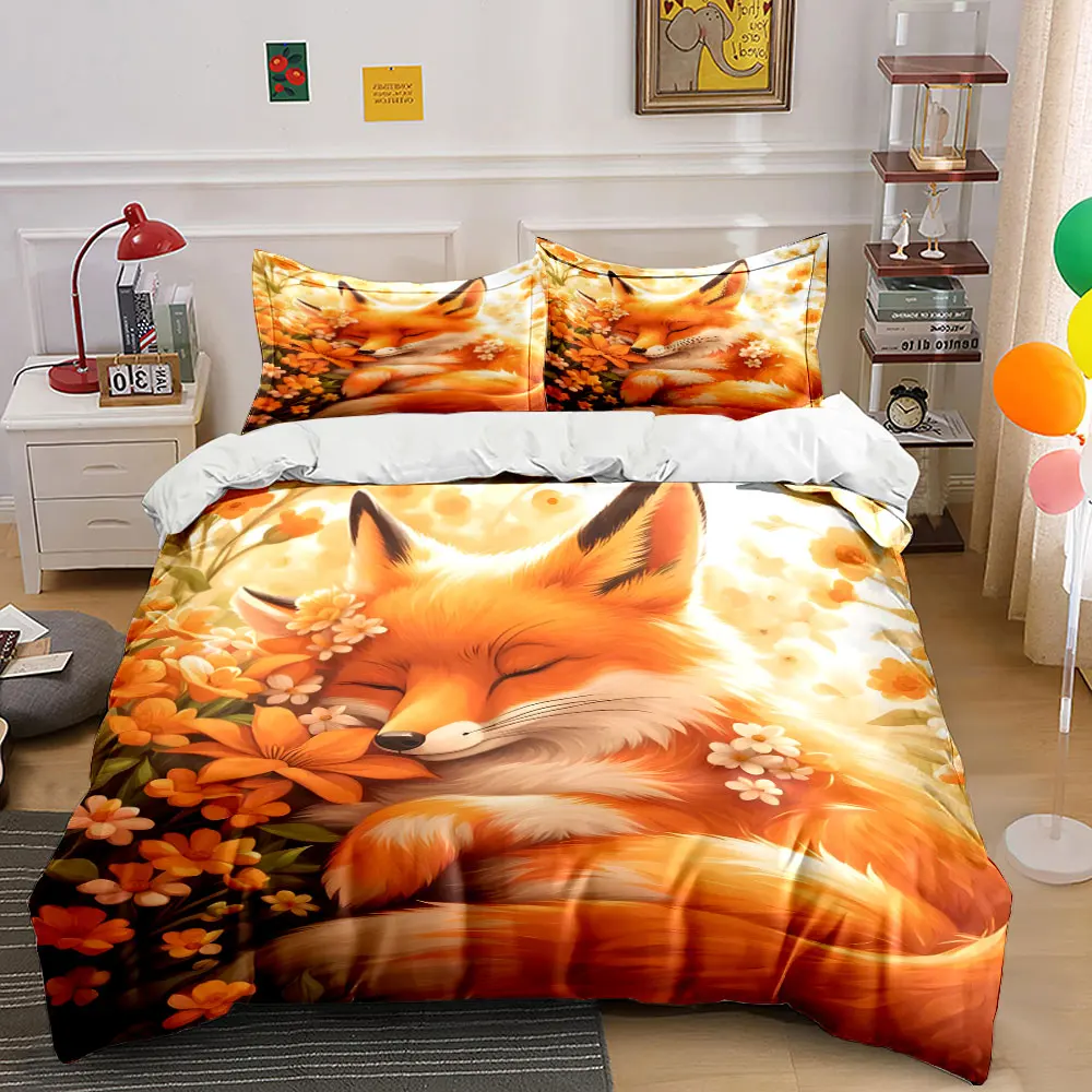 Peaceful fox surrounded by flowers Printed Duvet Cover Set1 Duvet Cover+2 PillowcaseMulti Size Bedroom Bedding Decor