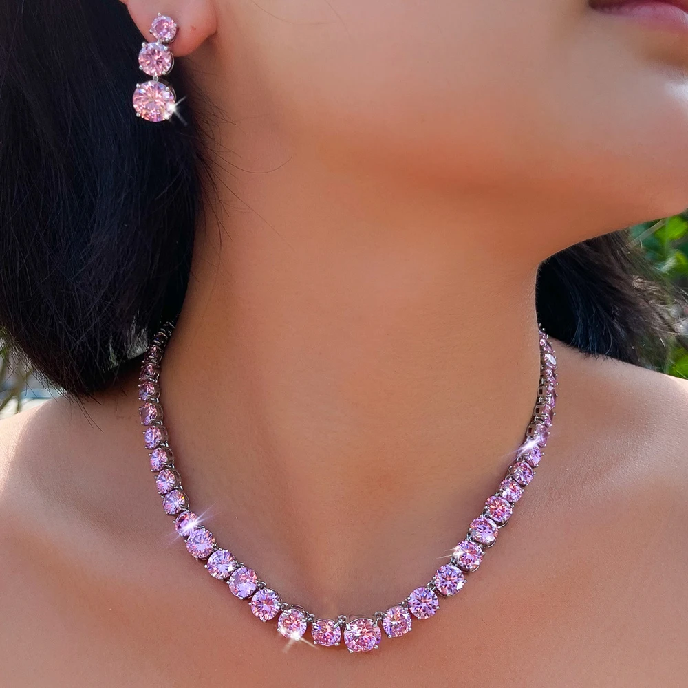 ThreeGraces Elegant Shiny Pink Round Cubic Zirconia Tennis Necklace Earrings Wedding Bridal Party Jewelry Set for Women T1216