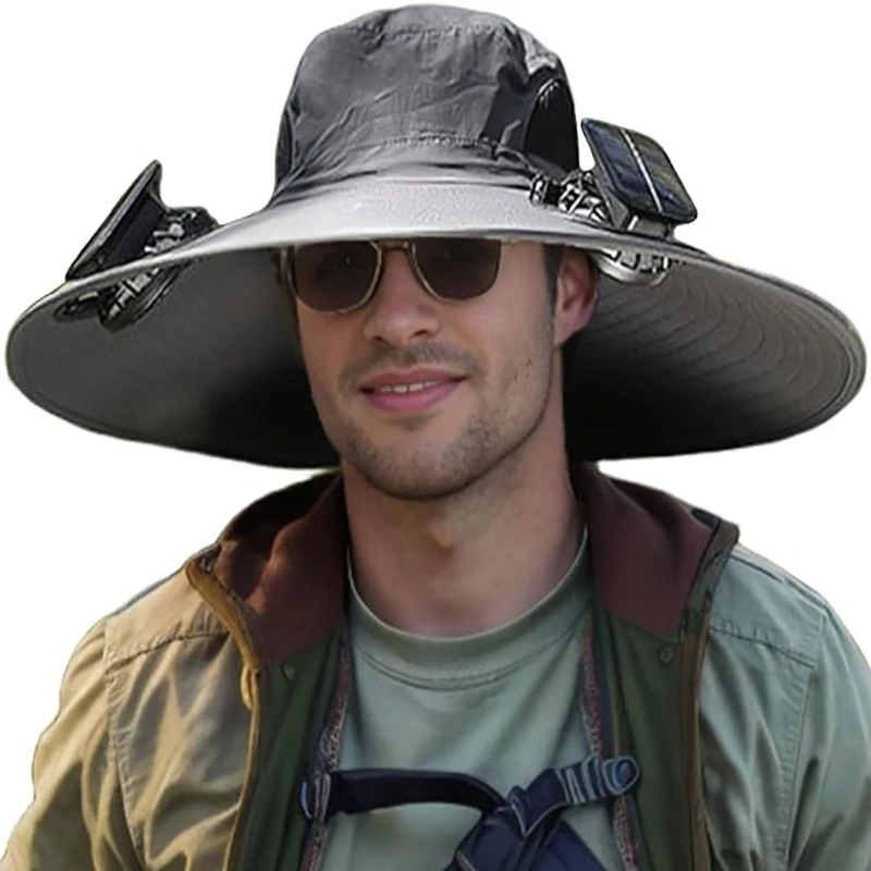 Men Sun Hat with 2 Solar Fan UPF 50+ Fishing Hats Wide Brim UV Protection Sun Hat, USB Charging