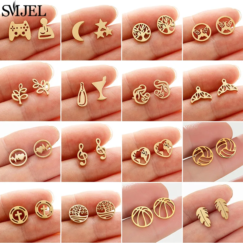 Delicate Small Music Stud Earrings for Women Minimalist Heartbeat Volleyball Cross Earrings Punk Game Controller Studs Girl Gift