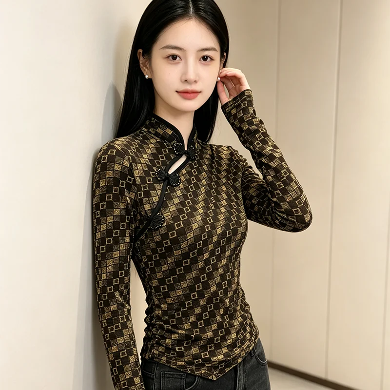 MadBlack-Women European T-Shirt, Sexy Stand Plaid, Vintage Workwear Long Sleeve Slim M-3XL Knit Tee, 2026 Autumn New T69407CC