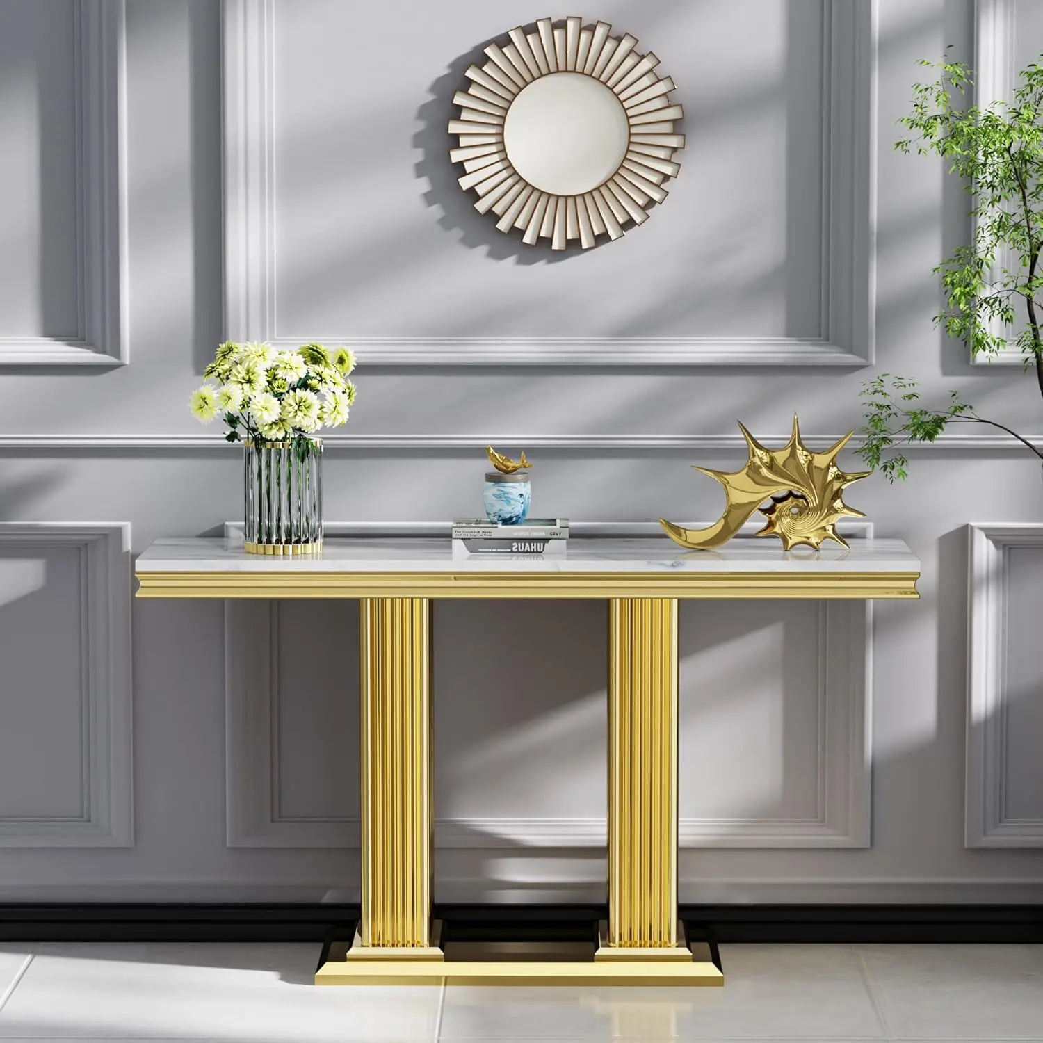 Mesa de console de mármore falso de 47 polegadas com base de aço inoxidável do pilar, mesa estreita retangular do sofá do acento da parte superior de mármore branco