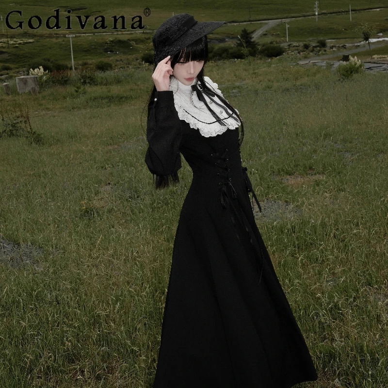 الخريف التصميم الأصلي لوليتا فستان المرأة الفرنسية الرجعية أنيقة الخصر Cinching فستان الإناث النمط الياباني الدانتيل فستان طويل