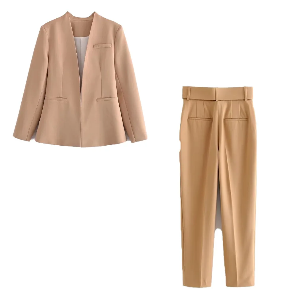 

Women's New Solid Color Temperament Commuting Simple Blazers And Belt Pants Set Casual Office Suit Coat And High Waist Pants Set