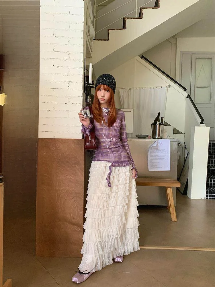 

White High Waist Lace Cake Skirt Women's A-Line Midi Dr Slimming Effect French Sle Pure Color Casual Polyester Fiber