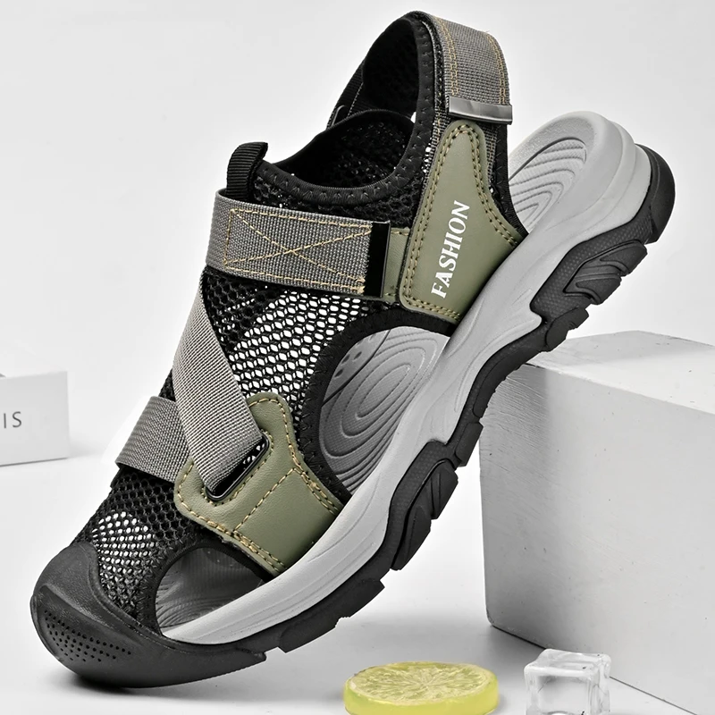 New Men's Breathable Mesh Outdoor Sandals  Adjustable Velcro Heel & Vamp Straps, Ideal for Beach, Travel, and Daily Casual Wear