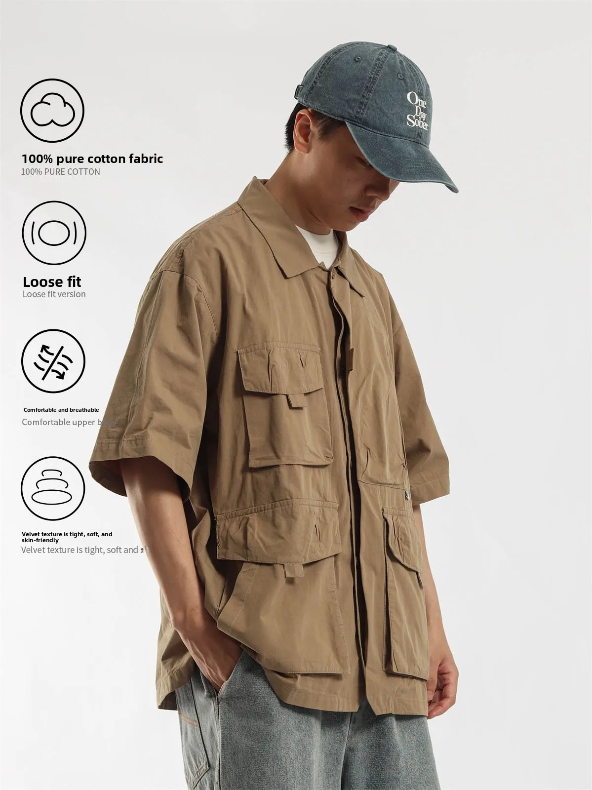 Loose Fit Cuban Collar Short Sleeve Workwear Shirt Unisex Outdoor Cityboy Style Breathable Summer Shirt Youth Fashion