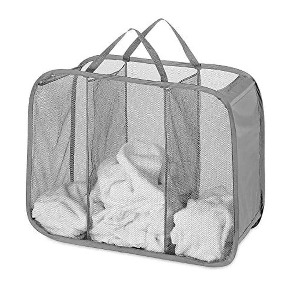 Pop Up Foldable Laundry Sorter Polyester Mesh Hamper with Carrying Handles Breathable Air Circulation College Camping Storage