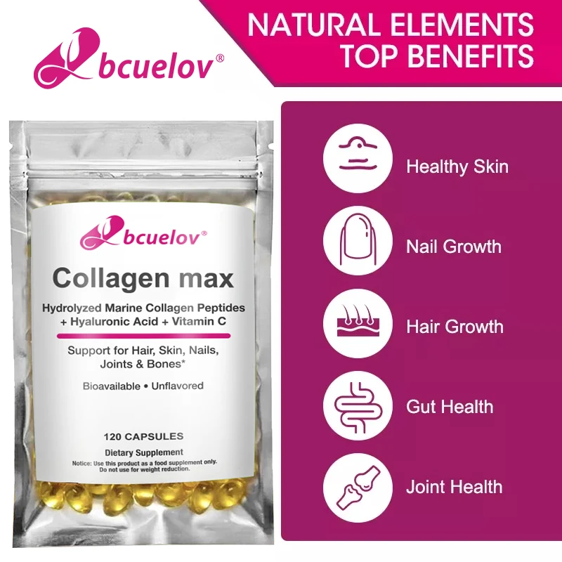 Bcuelov Collagen Max Hydrolyzed Marine Collagen Peptides Hyaluronic Acid + Vitamin C Supports Hair, Skin, Nails, Joints & Bones