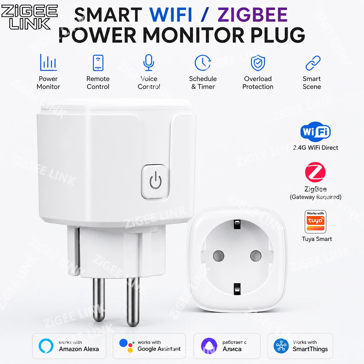 WiFi Zigbee3.0 EU Smart Plug Power Monitor Multifunction Timing Outlet Wireless APP Voice Control Indoor Appliance Smart Switch
