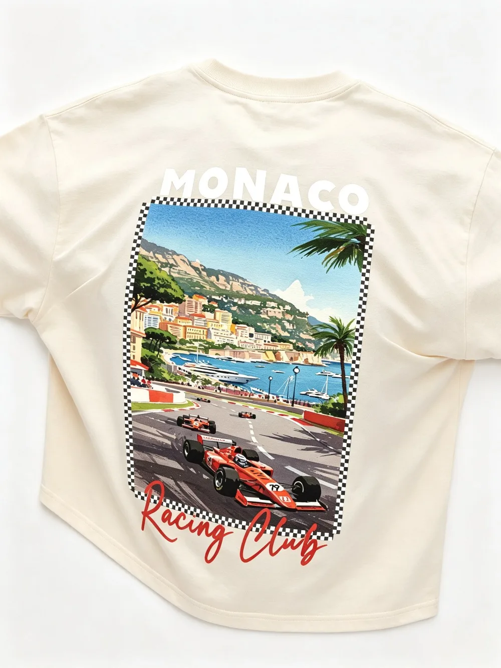 2026 New Extra-Large Size Short-Sleeved T-Shirt with Monaco Circuit Pattern, Flat Collar, Summer Vacation Top