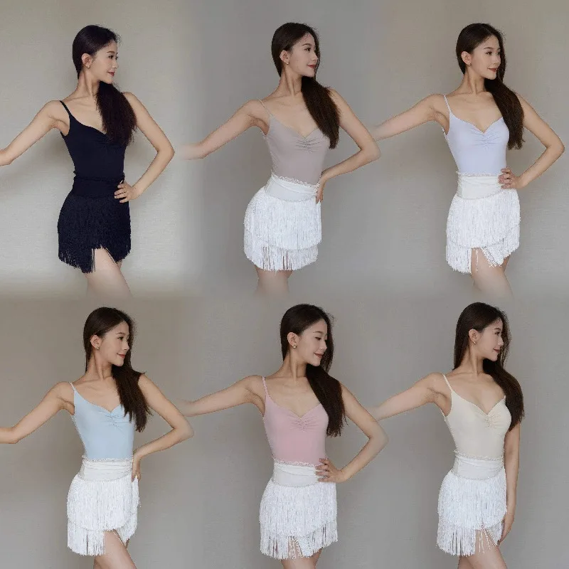 Customized Latin Dance Dress V-neck Strap Top Tassel Half Skirt Practice Suit Set Advanced Top and Skirt
