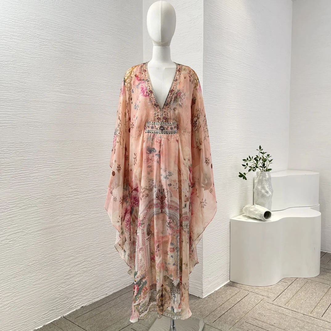 

Pink Floral Print Long Sleeve Deep V Neck Diamonds Midi Dress