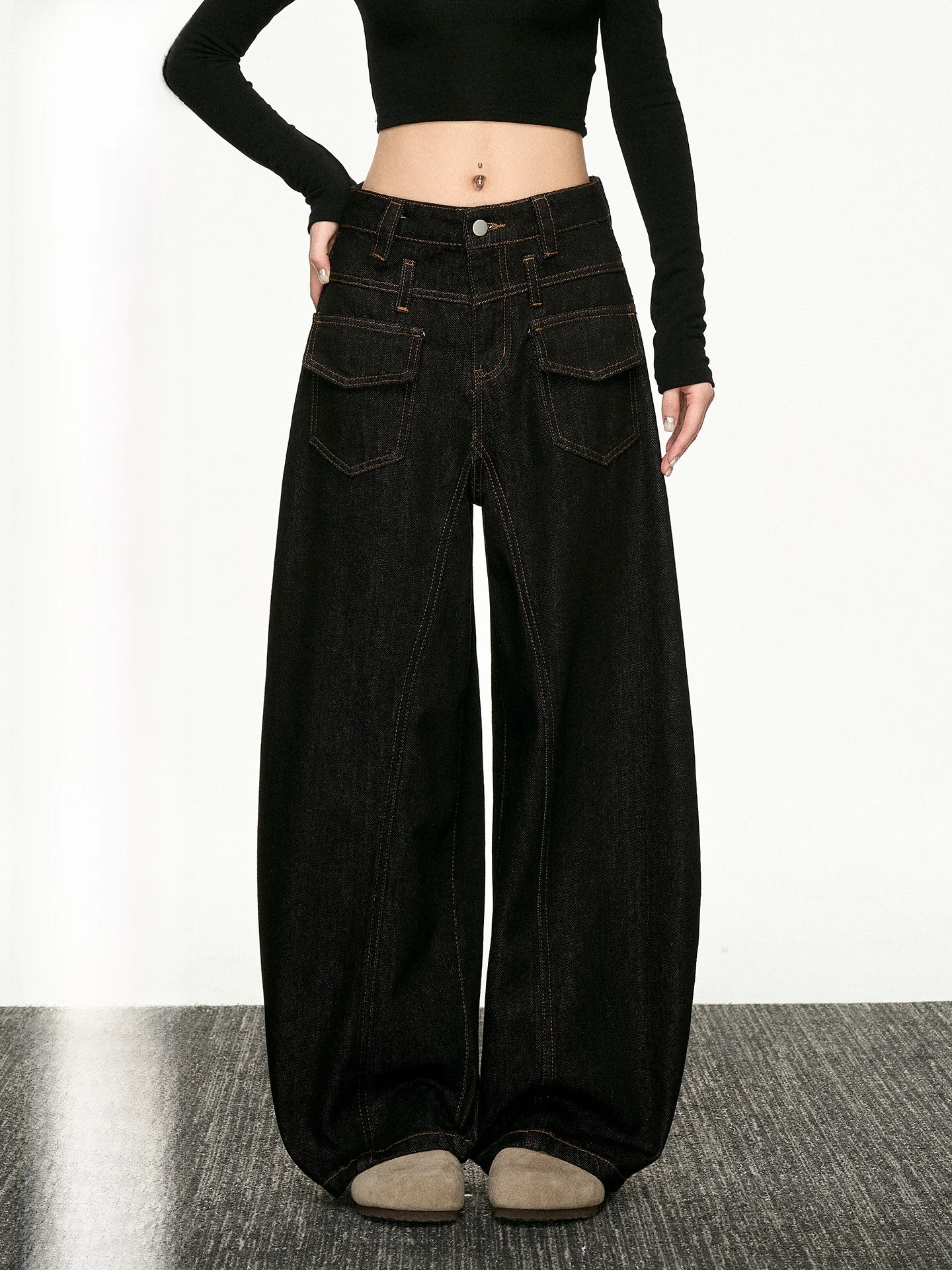 

Aaisup American Sle Knife ket Denim Jeans Women's Spring Autumn Design Unique Chic Wide Leg Long Pants Casual Loose Fit