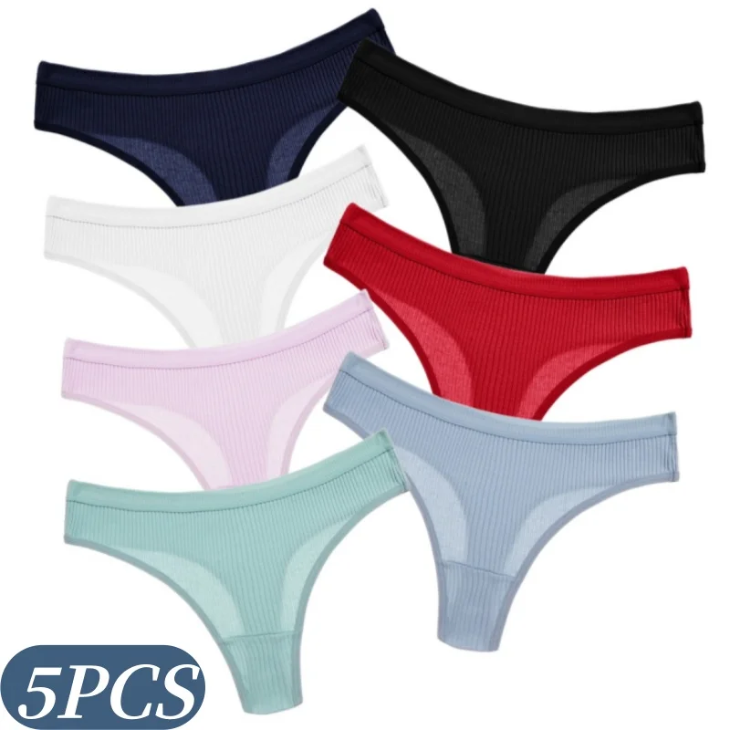 5-teiliges Set Gerippter Baumwoll-Tanga mit Niedrigem Bund für Damen, Atmungsaktive Unsichtbare Unterwäsche, Einfarbige Sexy Lingerie, T-Back, Größen M-XXL