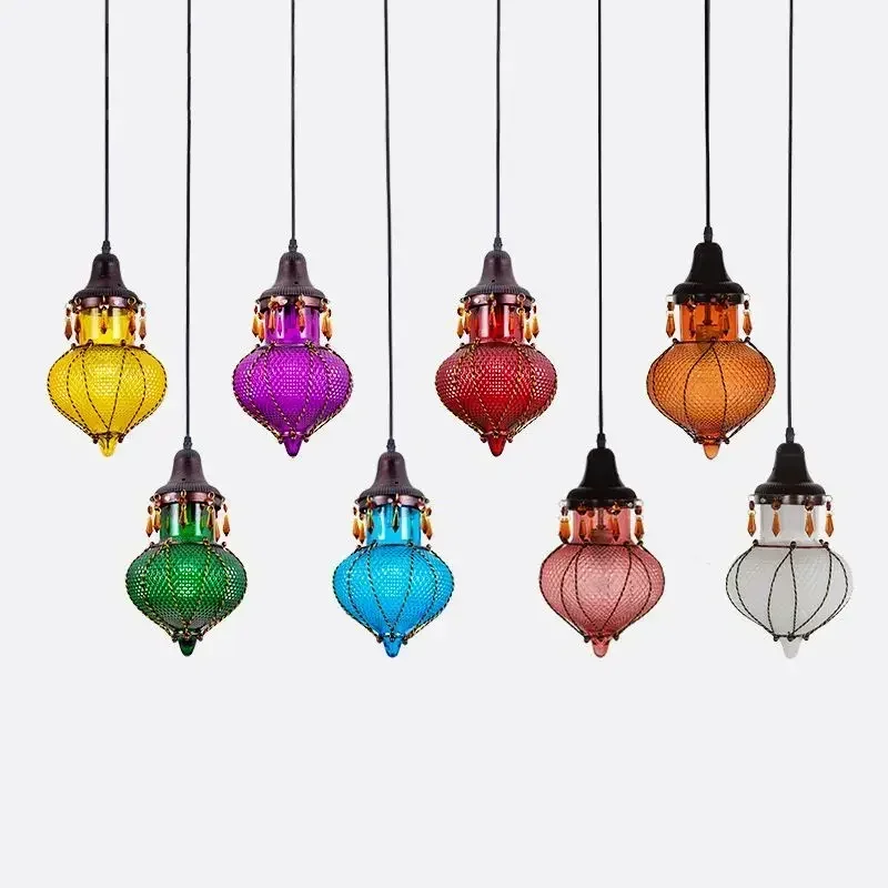 TechHPSoutheast Asian Style Pendent Lamp Creative Stained Glass Vintage Chandelier