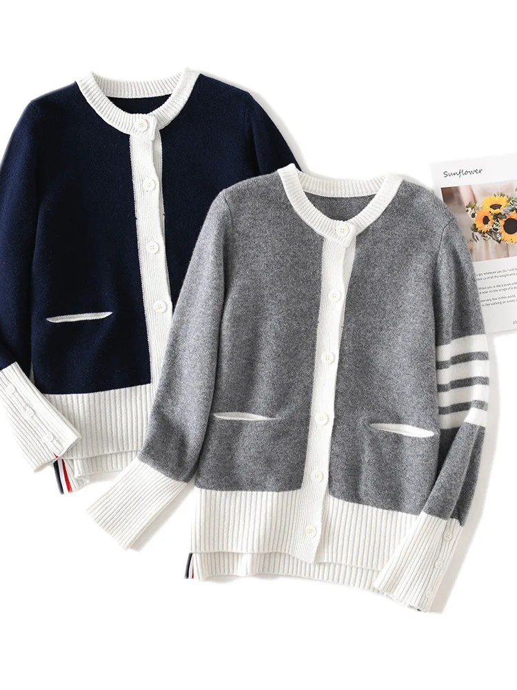 

New Women Cashmere Sweater Preppy Style Autumn 100% Merino Wool Buttoned Cardigan Casul Color Contrast Knitwear Tops Clothing