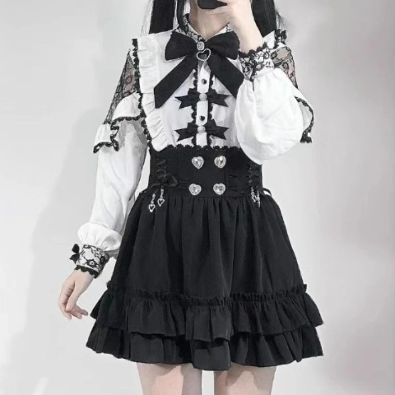 

Японский комплект из 2 предметов в стиле кавайной Лолиты, женский милый кружевной топ с открытыми плечами и бантом, мини-юбка с оборками, униформа в консервативном стиле, готический костюм JK