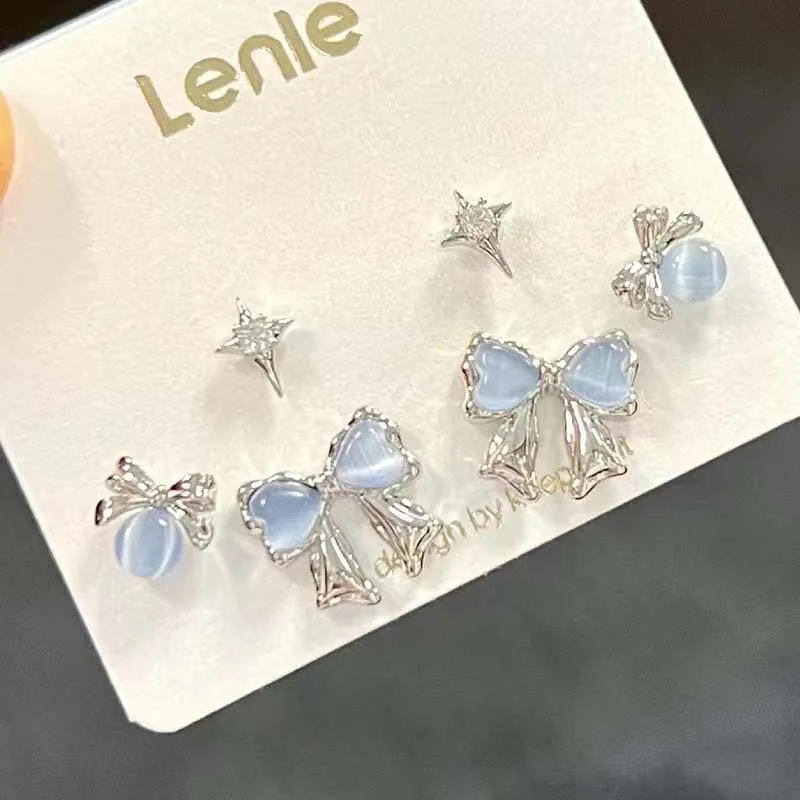 Juego de pendientes de tuerca Bowkont para mujer y niña, aretes de estrella de cristal azul, dulce piedra lunar, Cruz, estrella de mar, joyería, 6 piezas por juego