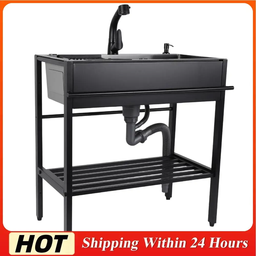 

Free Standing Single Bowl Kitchen Sink with Cold and Hot Water Faucet Hoses and Drain Kit Prep & Utility Washing Hand Basin