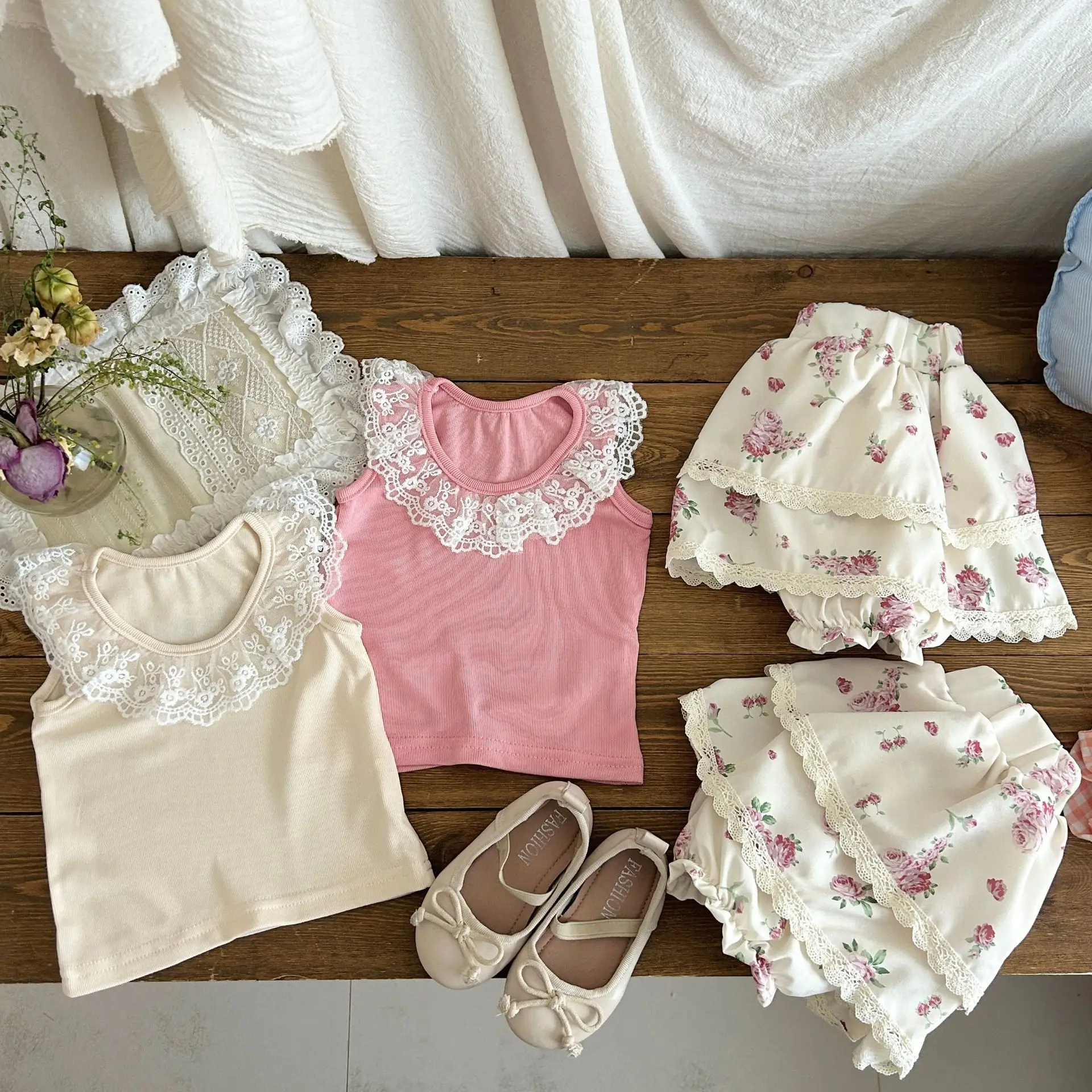 Girls Floral Short Sleeve Set Summer Breathing Suitable New Baby Girl Lace Ruffle Vest Skirt Two Piece Set