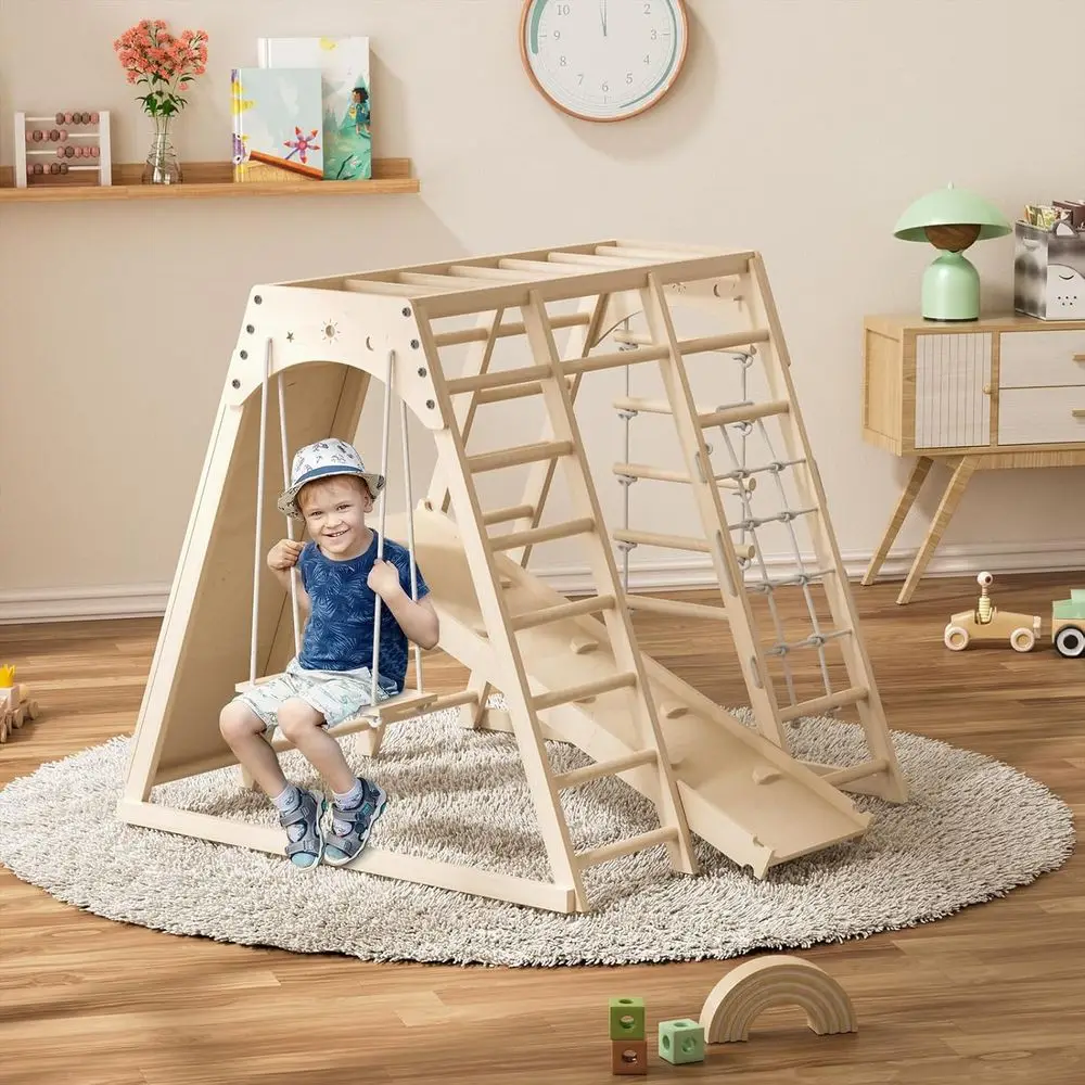 صالة الألعاب الرياضية للغابة مونتيسوري الداخلي الكل في واحد للأطفال: الشريحة، التأرجح، القضبان، جدار الصخور، الخشب الطبيعي، الأعمار 3-8، التوازن والتنسيق #1