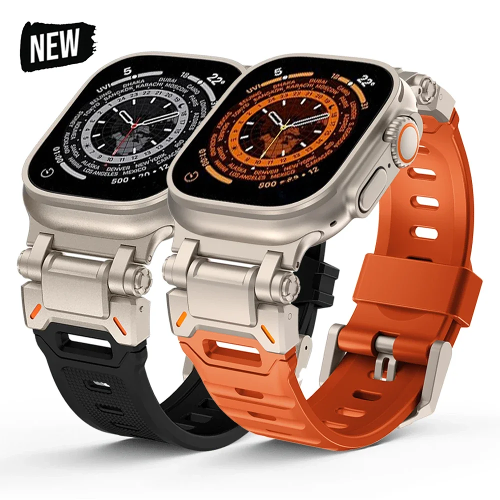

Sports Rubber Band for Apple Watch Ultra 2 49mm 44 45mm 46mm Silicone Stainless Steel Strap for iWatch Series 10 9 8 7 6 5 Se 4