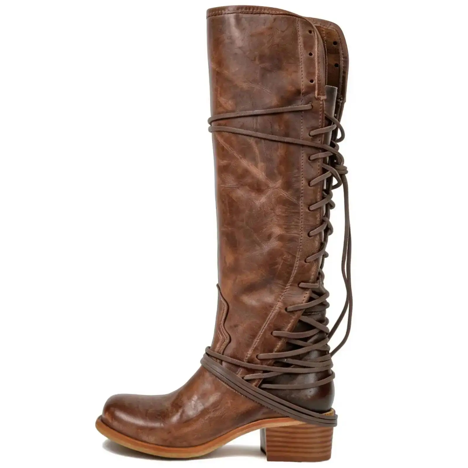 Brown Leather Women Knee High Boots Lace Up Western Cowboy Riding Boots Retro Boho Tall Boots Fashion Shoes