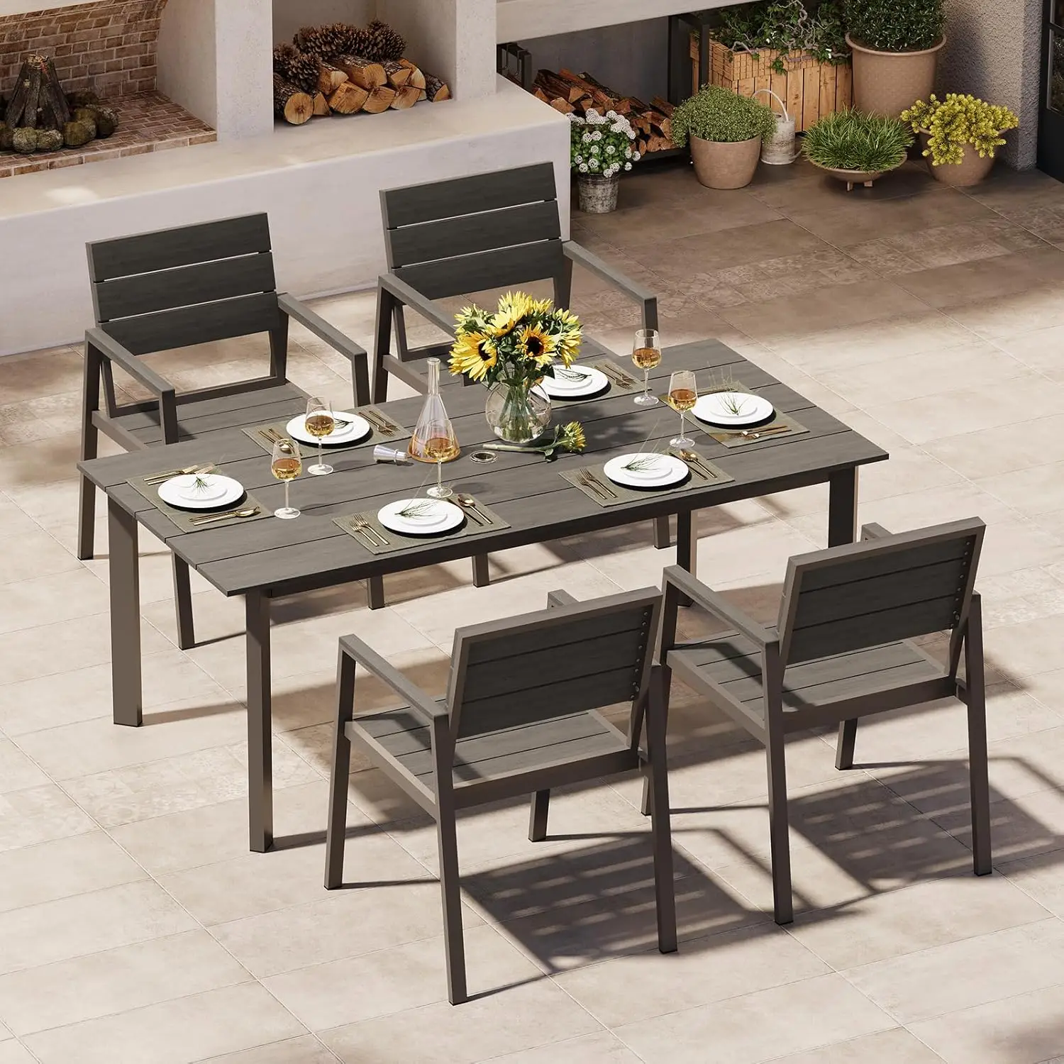

Patio Dining Sets 5-Piece Outdoor Dining Sets with Umbrella Hole Wood-Like Table and Chairs, Outdoor Furniture Sets All