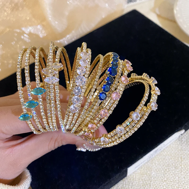 Colorful Rhinestone Bracelets Bangle Gold Color Irregular Multi-layer Bracelet For Women Light Luxury Wedding Wristband Jewelry