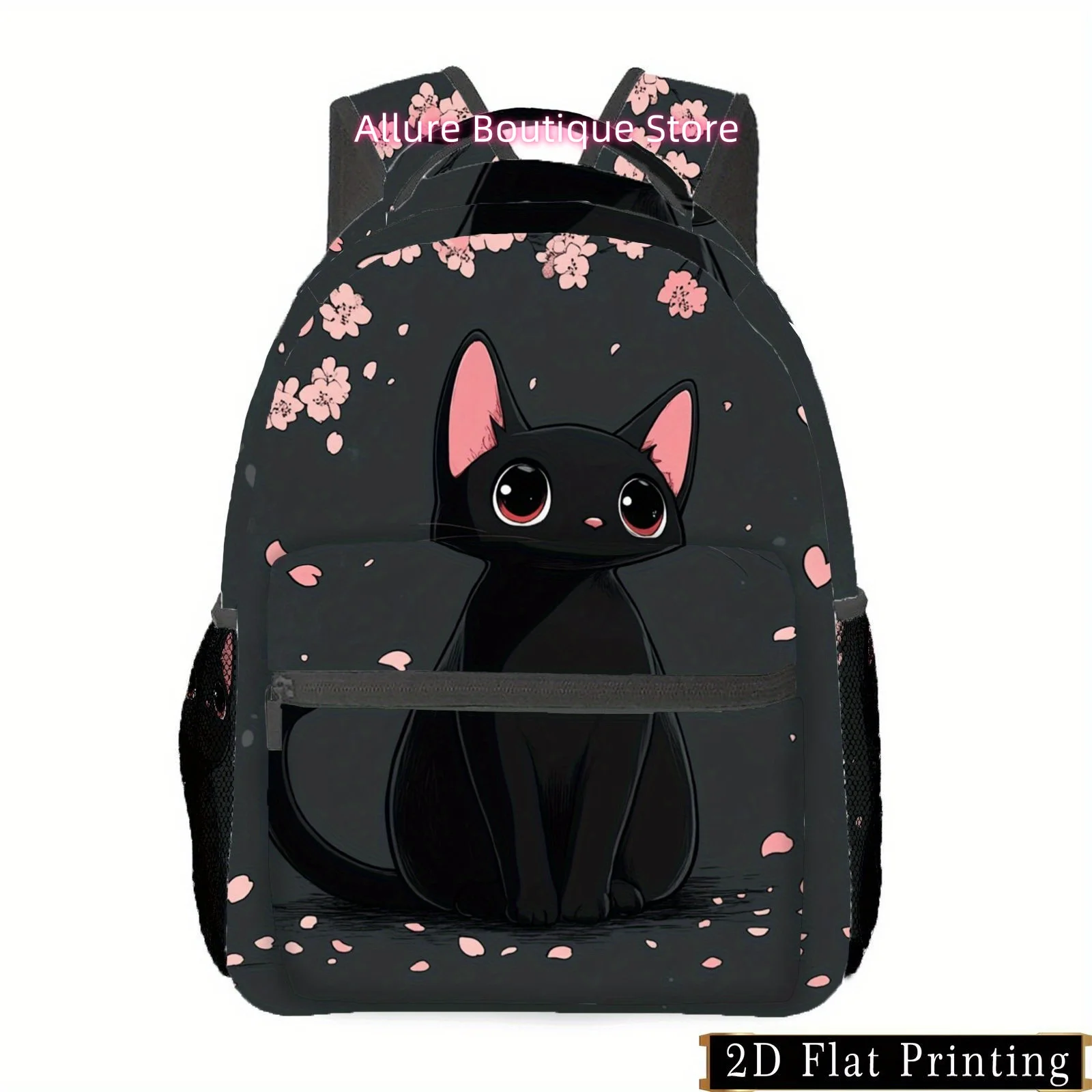 A Special Print Zipper Backpack Designed for One PC, Featuring a Unique Black Cat Print Under Cherry Blossoms. This Versatile Ba