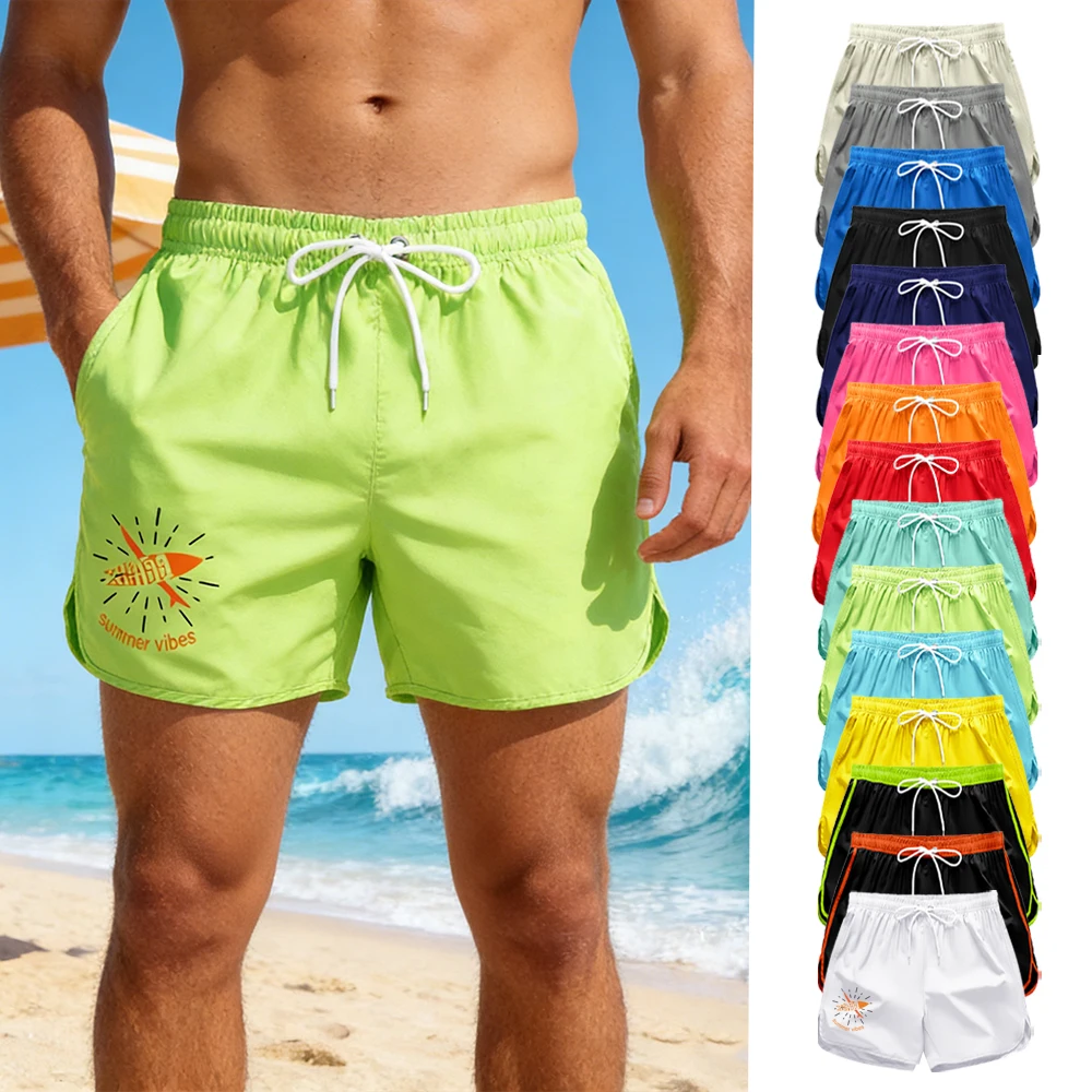 

Летние повседневные мужские быстросохнущие шорты с эластичной резинкой на талии и карманами, купальные шорты с графическим принтом "Summer Vibes"