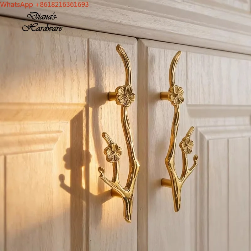 European Style Cabinet Handles, Retro Gold Floral Branch Shaped Drawer Door Handles, Decorative Furniture Handles