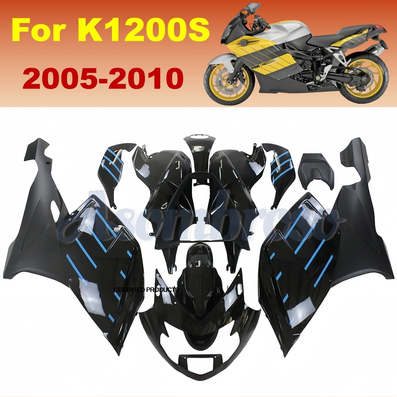 New All Black Protective Bodywork fairing kit for K1200S 2005 2006 2007 2008 2009 2010 K1200 floral lines in blue