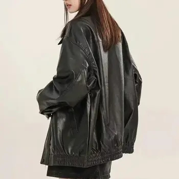 Image Women Jacket with Pocket Women Faux Leather Jacket Vintage American Style Women's Faux Leather Jacket Loose Fit Zipper Pocket