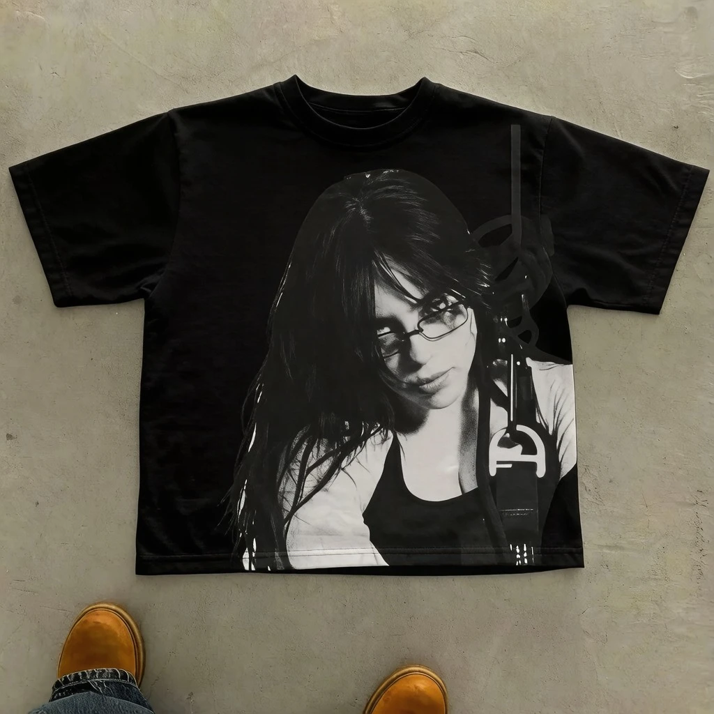 Summer Vintage Men Women Graffiti Billie Eilish Print Short Sleeve Cotton T-Shirt Men Women Casual Retro Y2K Tee Fashion Tops