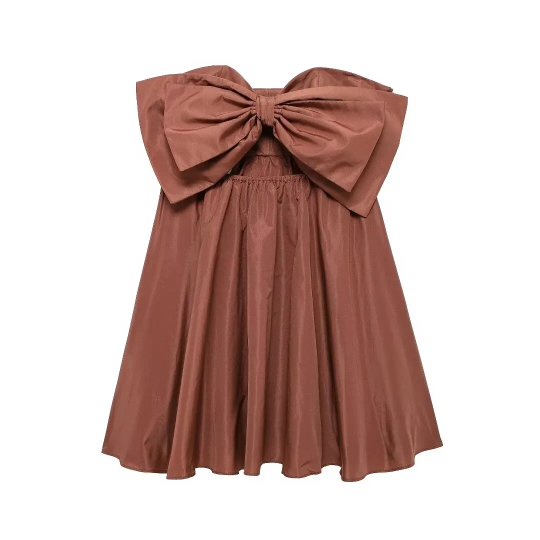 

Bow opening design dress silk texture Summer hem pleated Slim Sexy Sleeveless High Street style Above Knee Mini Strapless Dress