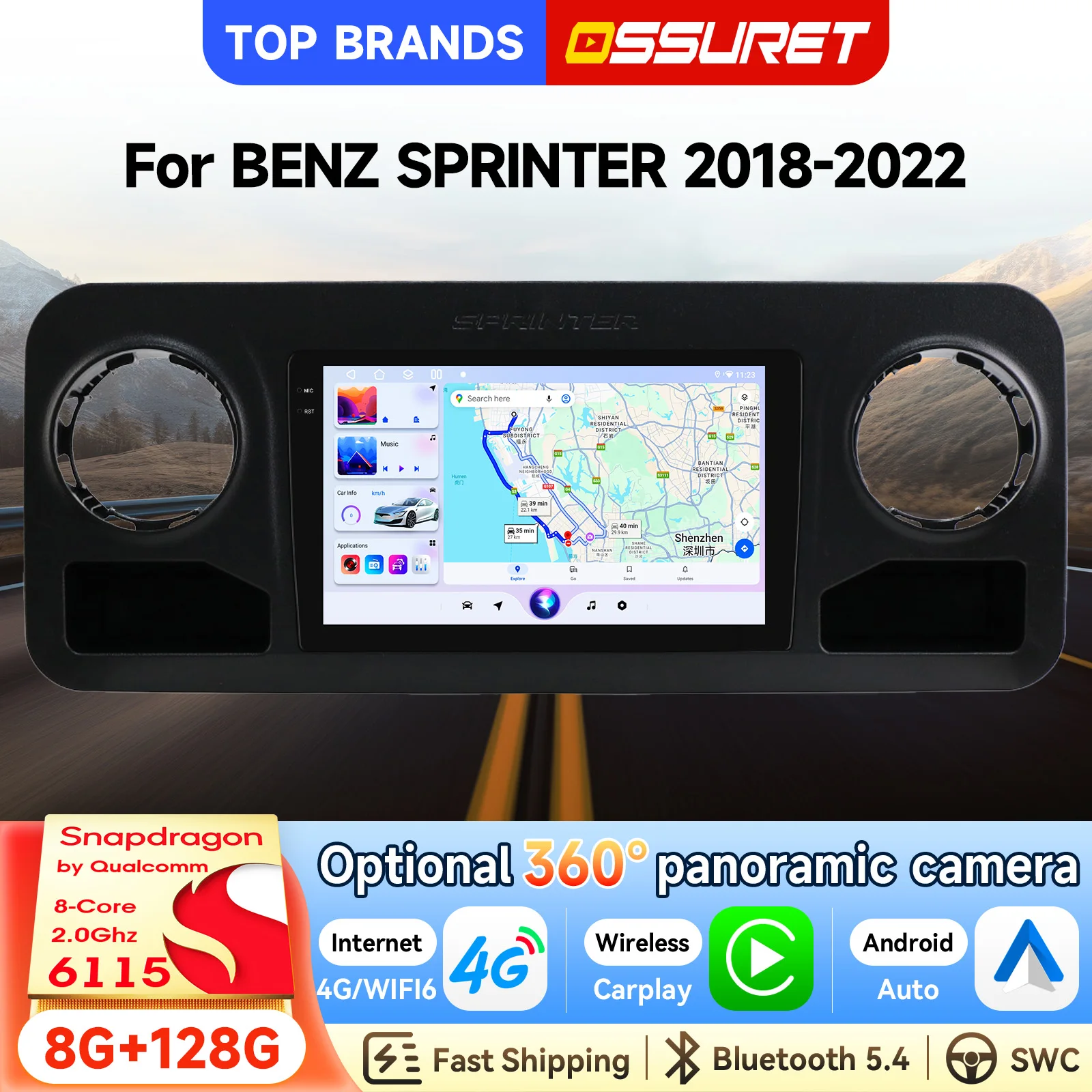 OSSURET Bestseller 10,1 Zoll mit Snapdragon 6115 Octa-Core Android 14 Autoradio für BENZ SPRINTER 2018-2022 Kabelloses CarPlay Android Auto 4G WiFi 6 Autoradio Optional 1080P AHD 360 Panorama-Kamera