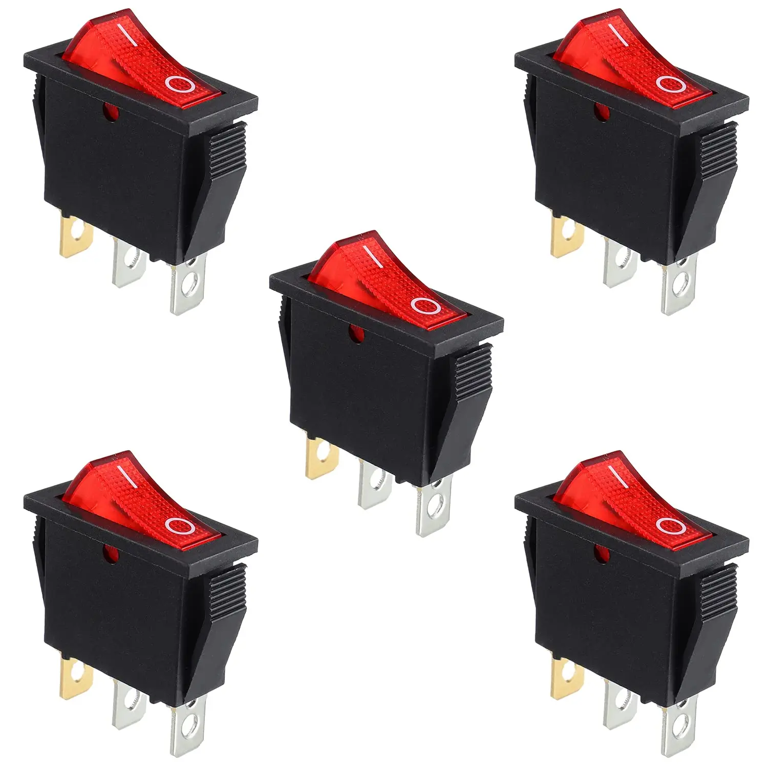 5Pcs Rocker Switch Red Light Illuminated, ON/Off SPST 3 Pin 3 Position Boat Rocker Toggle Switch Snap AC 250V/15A 125V/20A KCD3