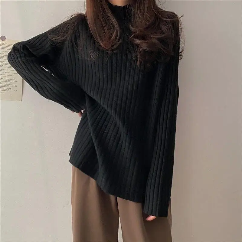 

Women Autumn Winter Sweater Plus Size Knit Tops Semi High Neck Loose Casual Basic Shirt Lazy Style Simple Pullover